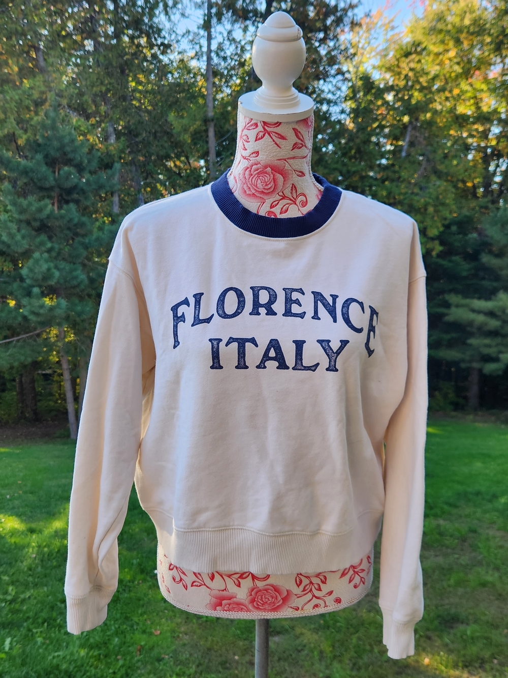 American Eagle Outfitters Cream Crewneck Sweater with Navy Trim
